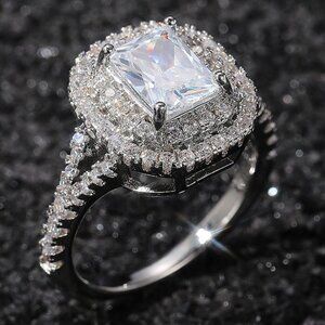 😍DOUBLE LAYER 14K WHITE GOLD RADIANT CUT PURE CZ LUXURY WEDDING RING, K856